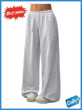 Women's Baggy Wide Leg Sweatpants Drawstring Waist Loose Fit Polyester Pants
